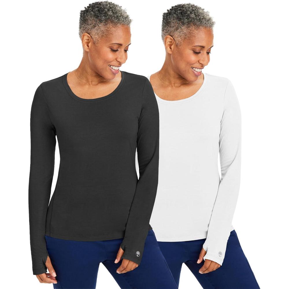imageHealing Hands Mackenzie Womens Underscrub Long Sleeve Tee with Thumbholes Modern Fit Undershirt 5051Black White 2 Pack
