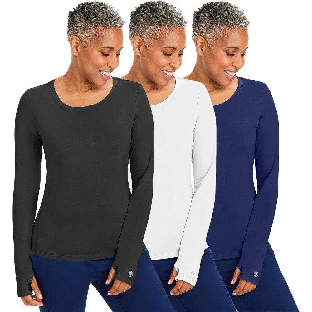 imageHealing Hands Mackenzie Womens Underscrub Long Sleeve Tee with Thumbholes Modern Fit Undershirt 5051Black  White  Navy  3 Pack