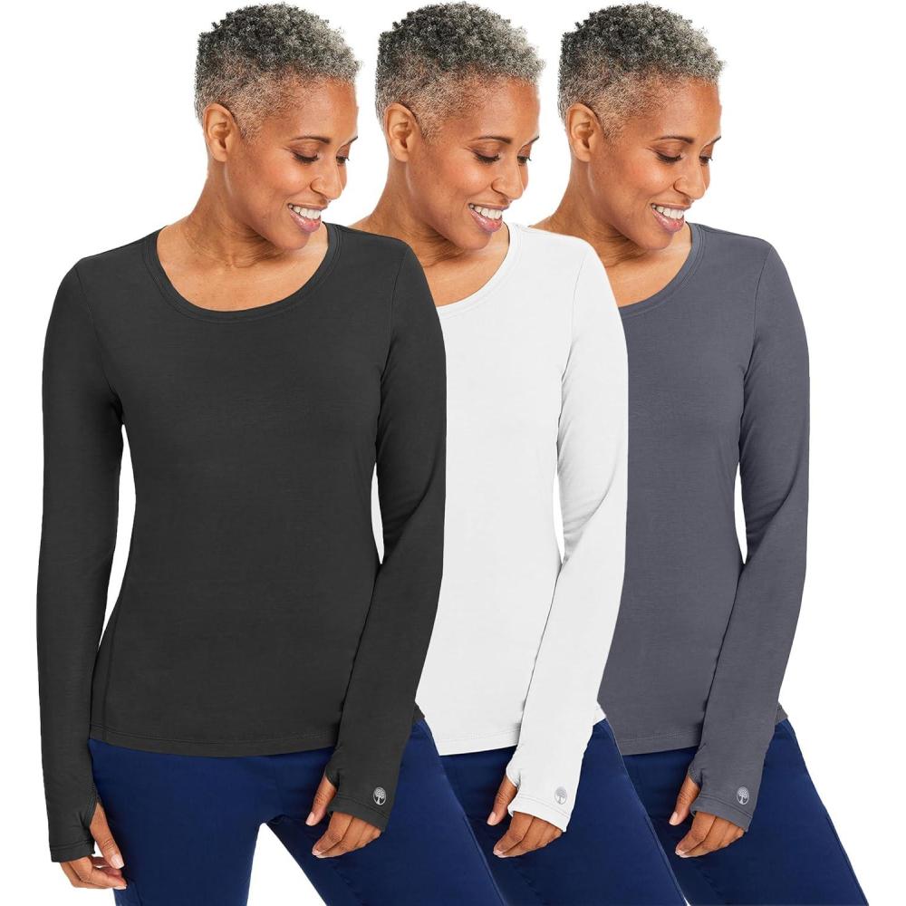 imageHealing Hands Mackenzie Womens Underscrub Long Sleeve Tee with Thumbholes Modern Fit Undershirt 5051Black  White  Pewter  3 Pack