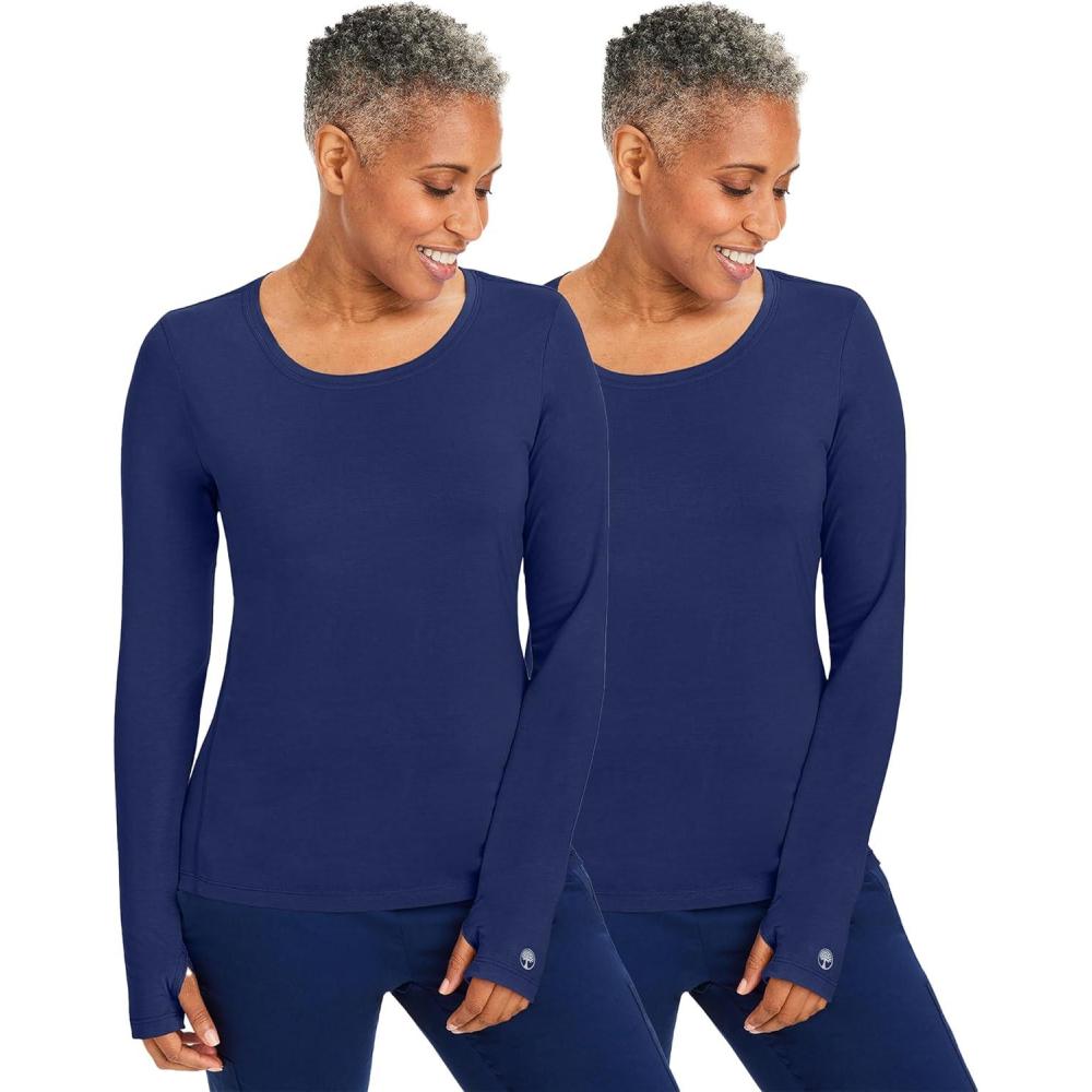 imageHealing Hands Mackenzie Womens Underscrub Long Sleeve Tee with Thumbholes Modern Fit Undershirt 5051Navy 2 Pack