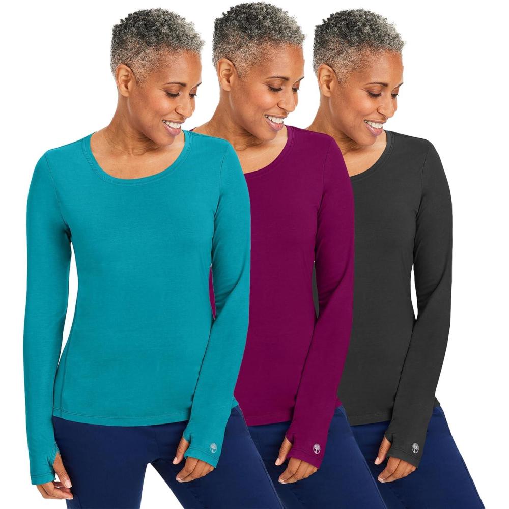imageHealing Hands Mackenzie Womens Underscrub Long Sleeve Tee with Thumbholes Modern Fit Undershirt 5051Teal  Wine  Black  3 Pack