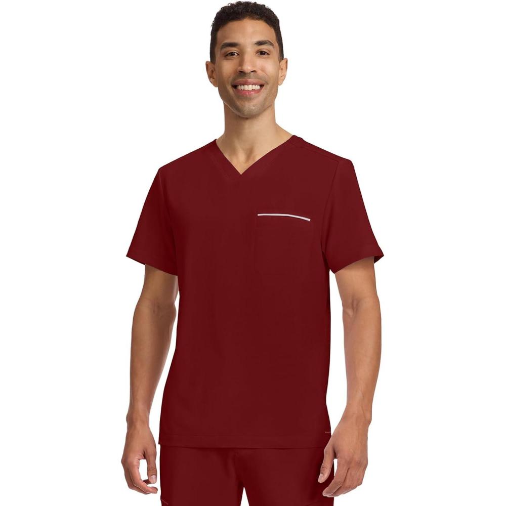 imageHealing Hands Mens Medical Scrub Top Spencer with 1 Pocket Moisture Wicking 360 Stretch amp Recycled Fibers 2381Garnet Red