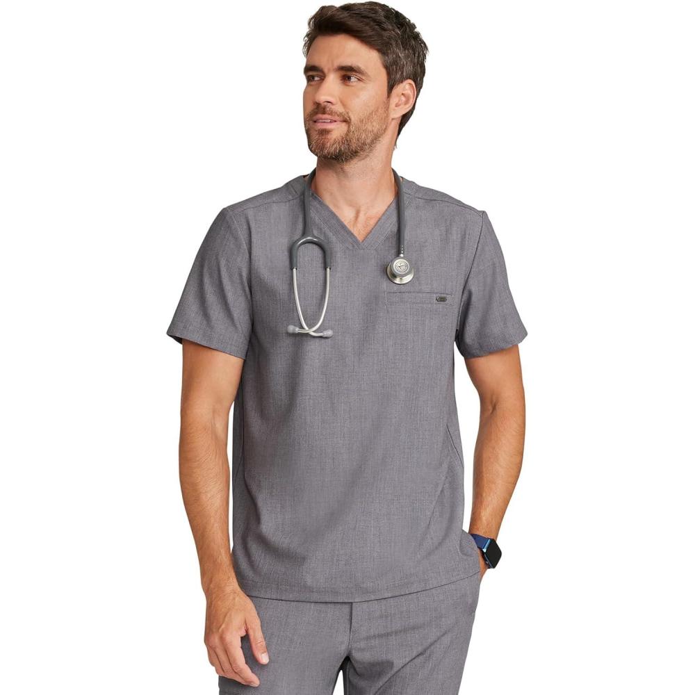 imageHealing Hands Mens Scrub Top VNeck with 1 Pocket amp 360 Stretch Fabric HH758Heather Ash