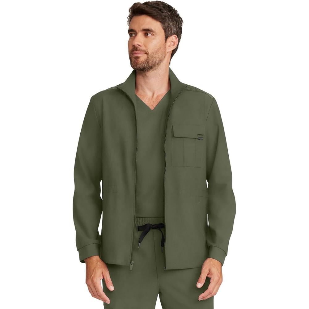 imageHealing Hands Scrub Jacket for Men Zip Front Utility Jacket with 4 Pockets HH361Olive