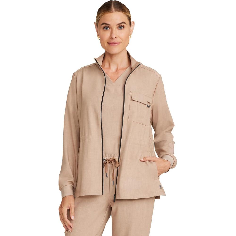 imageHealing Hands Scrub Jackets for Woman ZipFront Utility Jacket with 4 Pockets HH360Desert Taupe