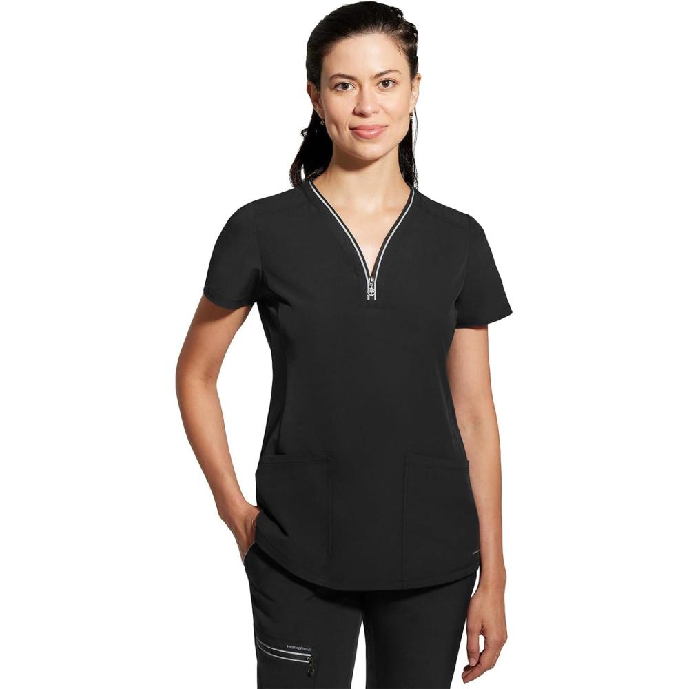 imageHealing Hands Scrub Top for Women Sonia Top with 3 Pockets Moisture Wicking 360 Stretch amp Recycled Fibers 2274Black