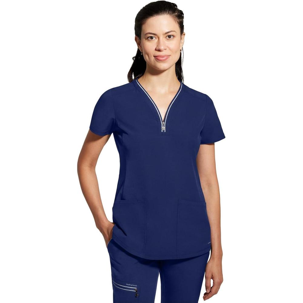 imageHealing Hands Scrub Top for Women Sonia Top with 3 Pockets Moisture Wicking 360 Stretch amp Recycled Fibers  2274Navy