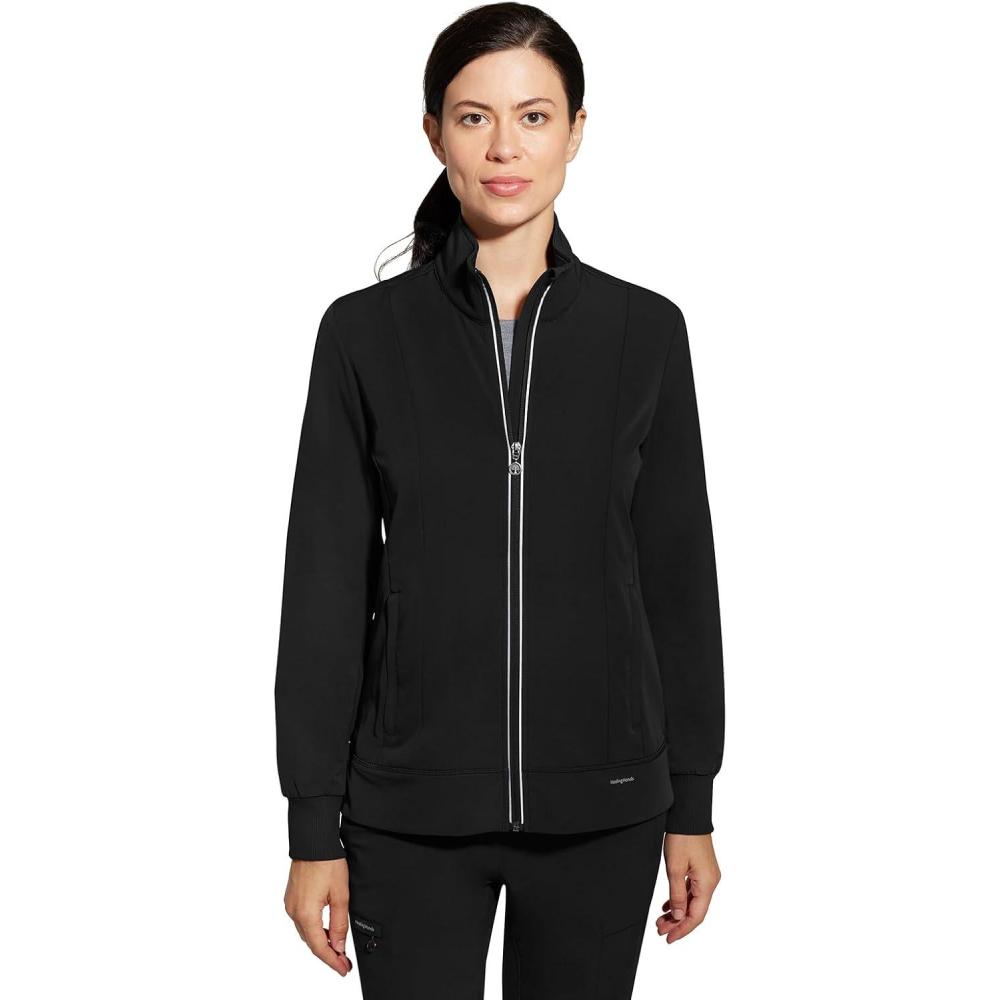 imageHealing Hands Womens Carly Collar Scrub Jacket Ribbed Knit Collar Moisture Wicking 360 Stretch Recycled Fibers 5068Black
