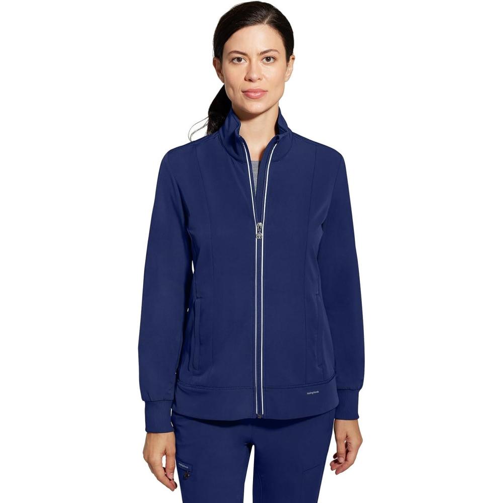 imageHealing Hands Womens Carly Collar Scrub Jacket Ribbed Knit Collar Moisture Wicking 360 Stretch Recycled Fibers 5068Navy