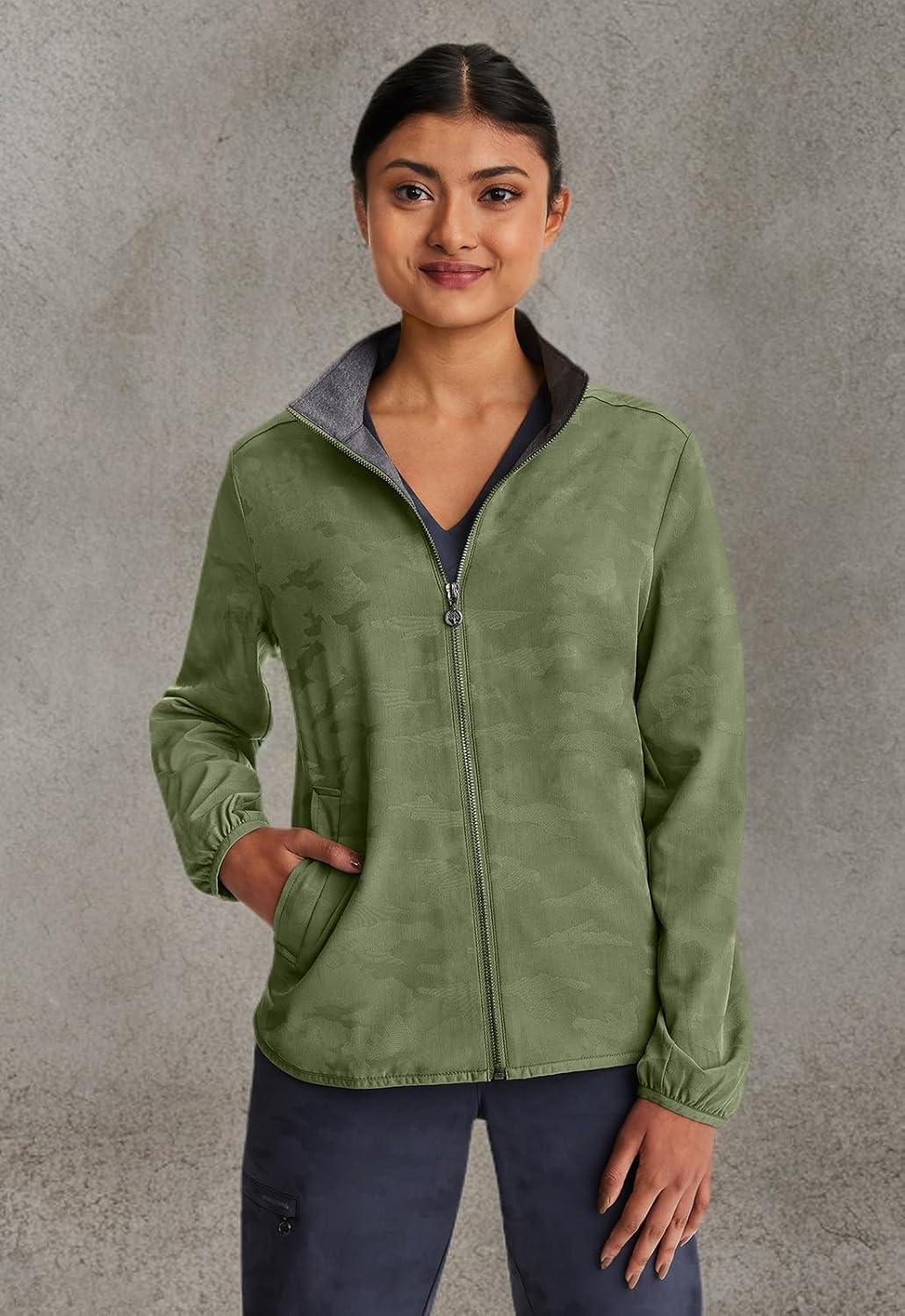 imageHealing Hands Scrub Jackets For Woman Destini Camo Jacket With 3 Pockets Moisture Wicking amp 360 Stretch Fabric 5030Olive