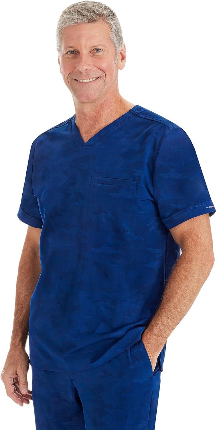 imageHealing Hands Scrubs for Men VNeck Scrub Top Jack Camo with Chest Pocket Moisture Wicking 360 Stretch amp Side Vents 2360Navy