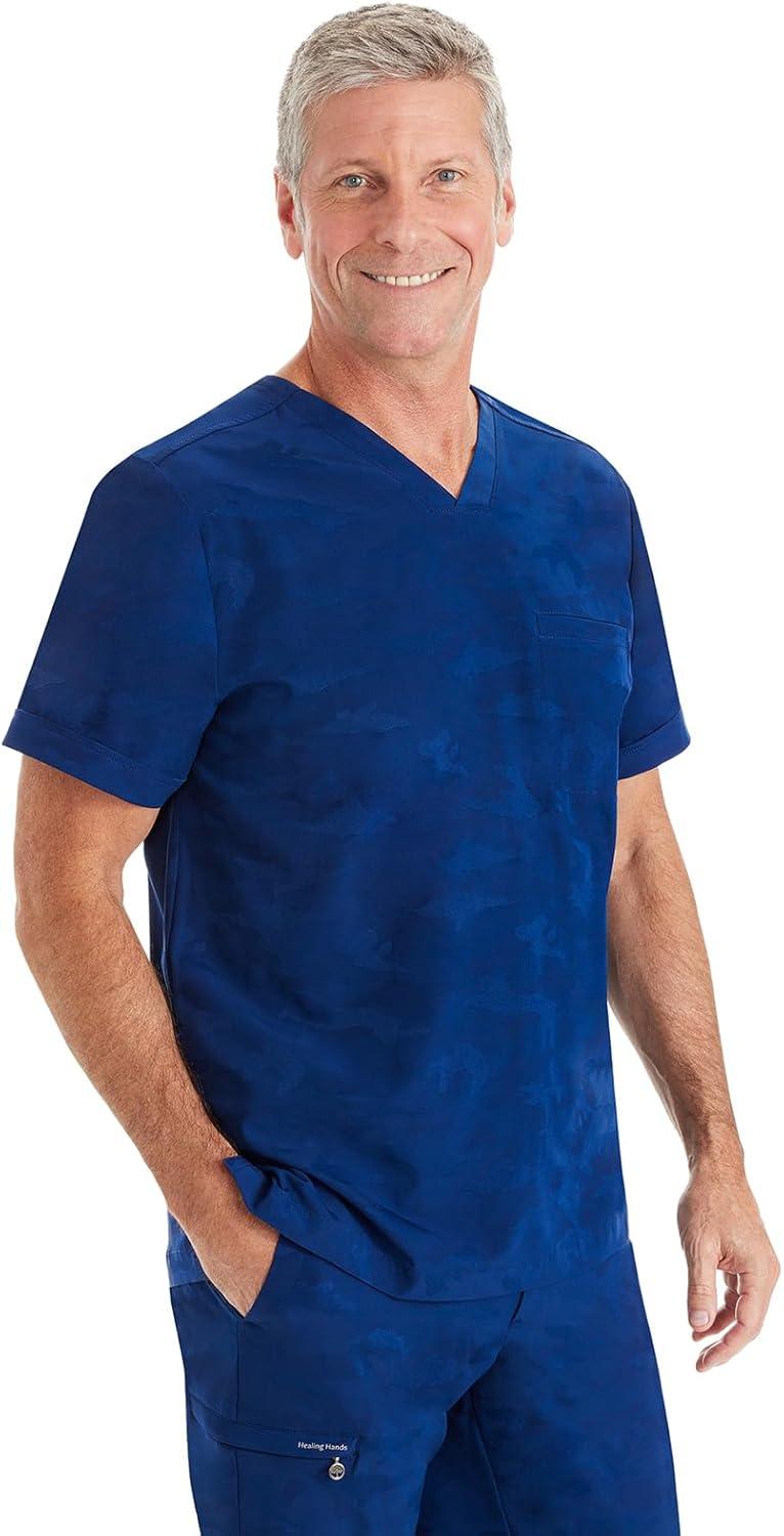 imageHealing Hands Scrubs for Men VNeck Scrub Top Jack Camo with Chest Pocket Moisture Wicking 360 Stretch amp Side Vents 2360Navy