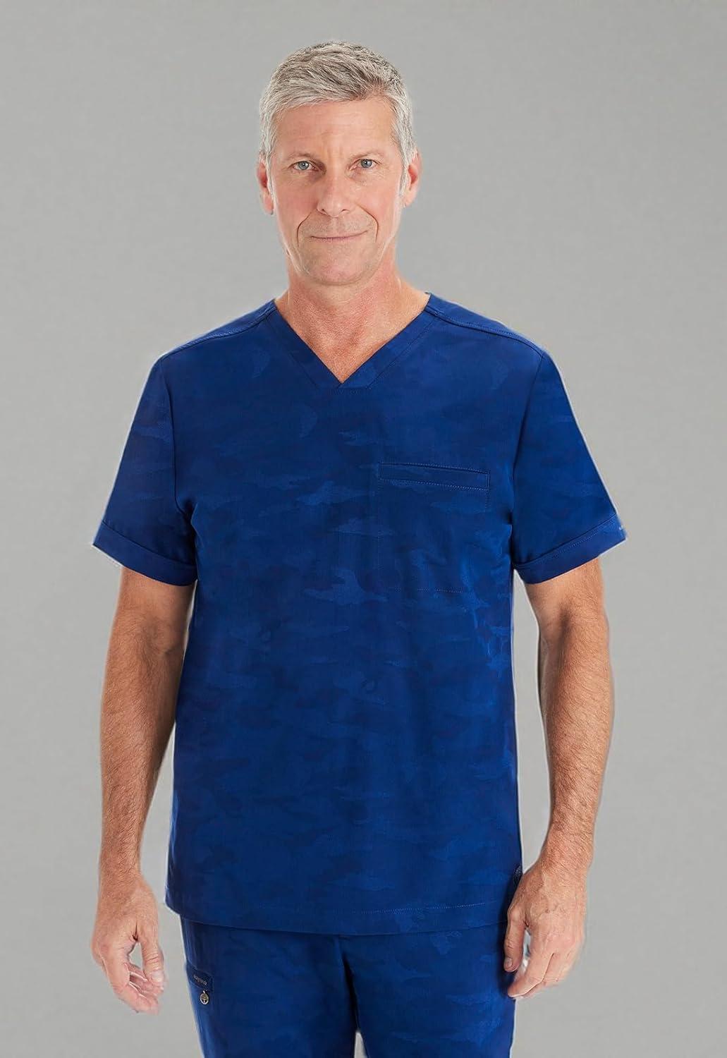 imageHealing Hands Scrubs for Men VNeck Scrub Top Jack Camo with Chest Pocket Moisture Wicking 360 Stretch amp Side Vents 2360Navy