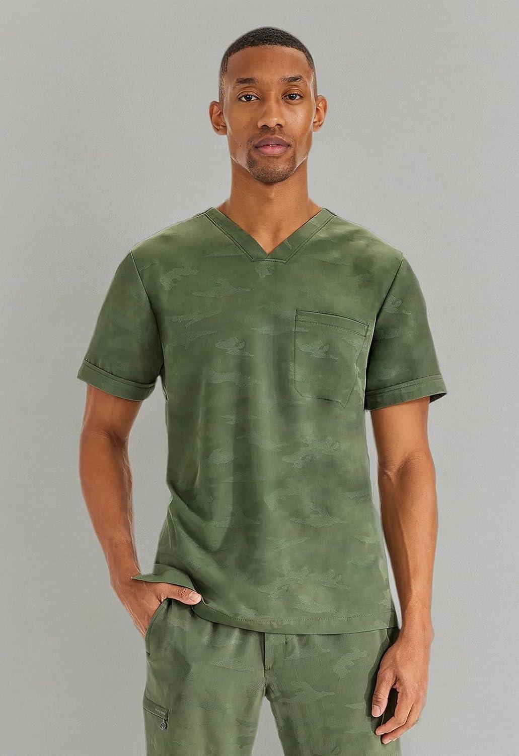 imageHealing Hands Scrubs for Men VNeck Scrub Top Jack Camo with Chest Pocket Moisture Wicking 360 Stretch amp Side Vents 2360Olive