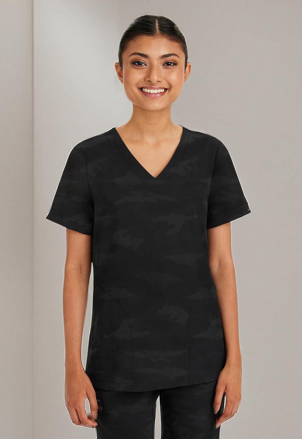 imageHealing Hands Scrubs for Women VNeck Scrub Top Joy Camo with Moisture Wicking360 Stretch amp Quick Dry Fabric 2353Black
