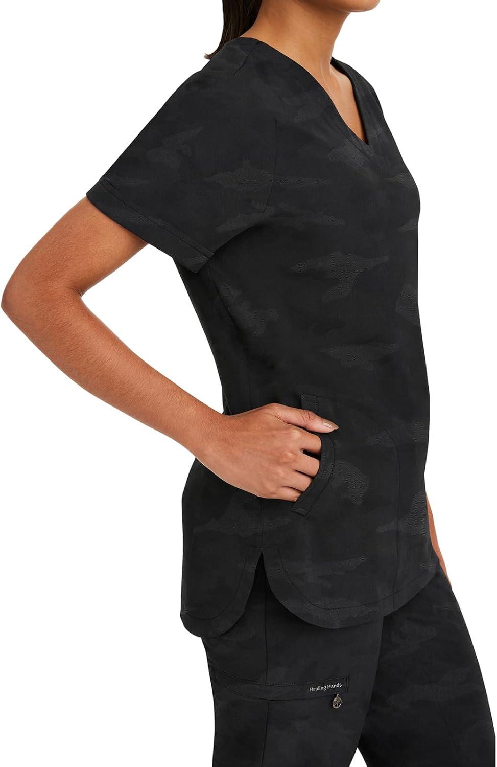 imageHealing Hands Scrubs for Women VNeck Scrub Top Joy Camo with Moisture Wicking360 Stretch amp Quick Dry Fabric 2353Black