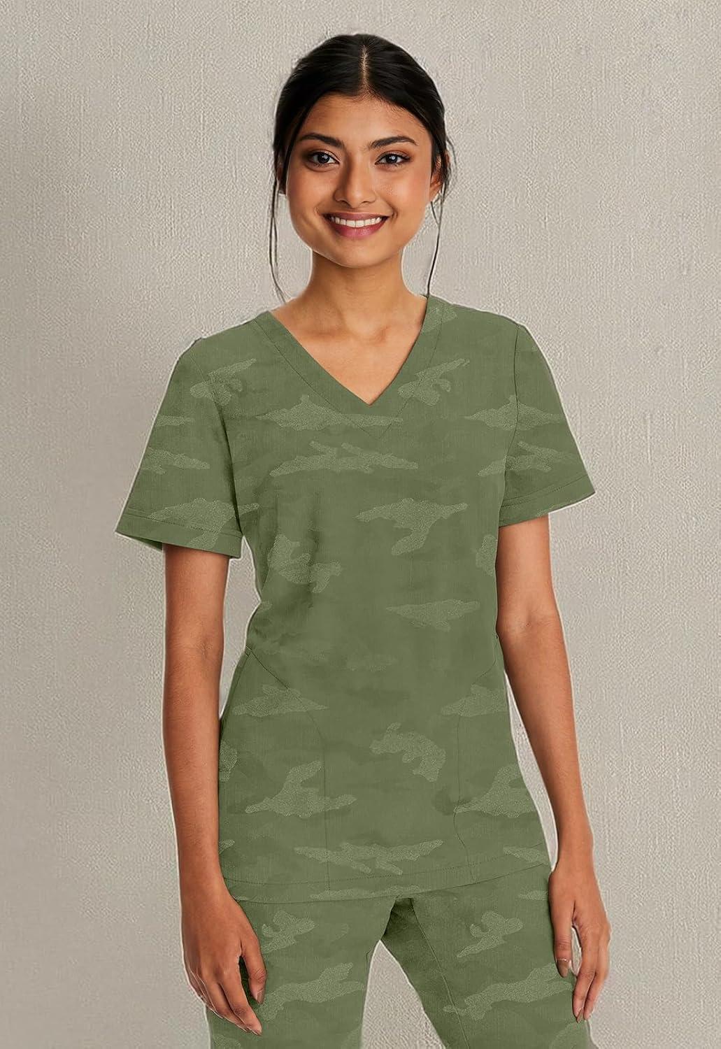 imageHealing Hands Scrubs for Women VNeck Scrub Top Joy Camo with Moisture Wicking360 Stretch amp Quick Dry Fabric 2353Olive