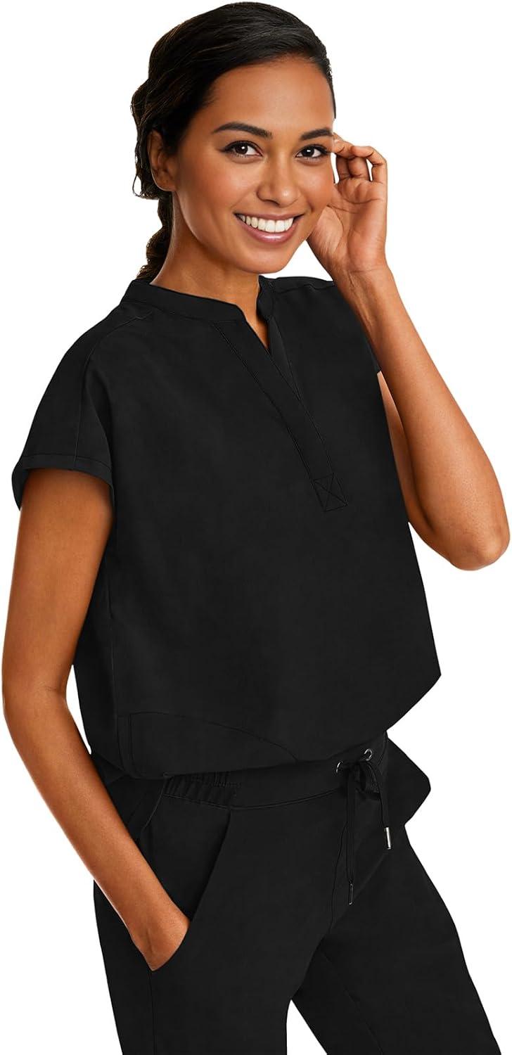 imageHealing Hands Womens Scrub Top Relaxed Fit Journey Top 2 Pockets with Knit Details Dolman Sleeve and Rounded Hem 2152Black