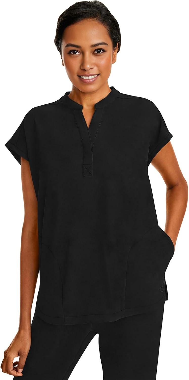imageHealing Hands Womens Scrub Top Relaxed Fit Journey Top 2 Pockets with Knit Details Dolman Sleeve and Rounded Hem 2152Black