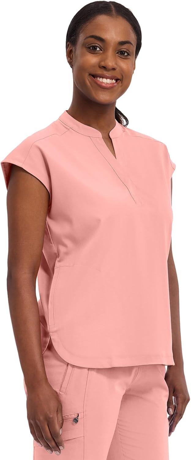 imageHealing Hands Womens Scrub Top Relaxed Fit Journey Top 2 Pockets with Knit Details Dolman Sleeve and Rounded Hem 2152Blushing Peach