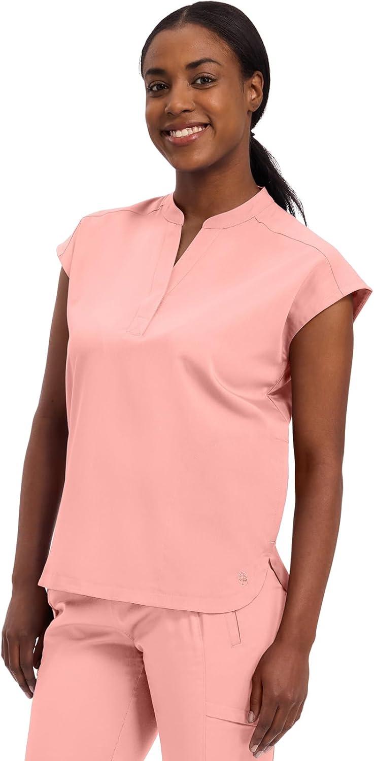 imageHealing Hands Womens Scrub Top Relaxed Fit Journey Top 2 Pockets with Knit Details Dolman Sleeve and Rounded Hem 2152Blushing Peach