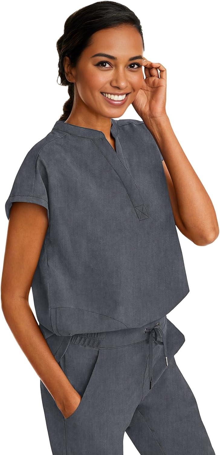 imageHealing Hands Womens Scrub Top Relaxed Fit Journey Top 2 Pockets with Knit Details Dolman Sleeve and Rounded Hem 2152Heather Grey