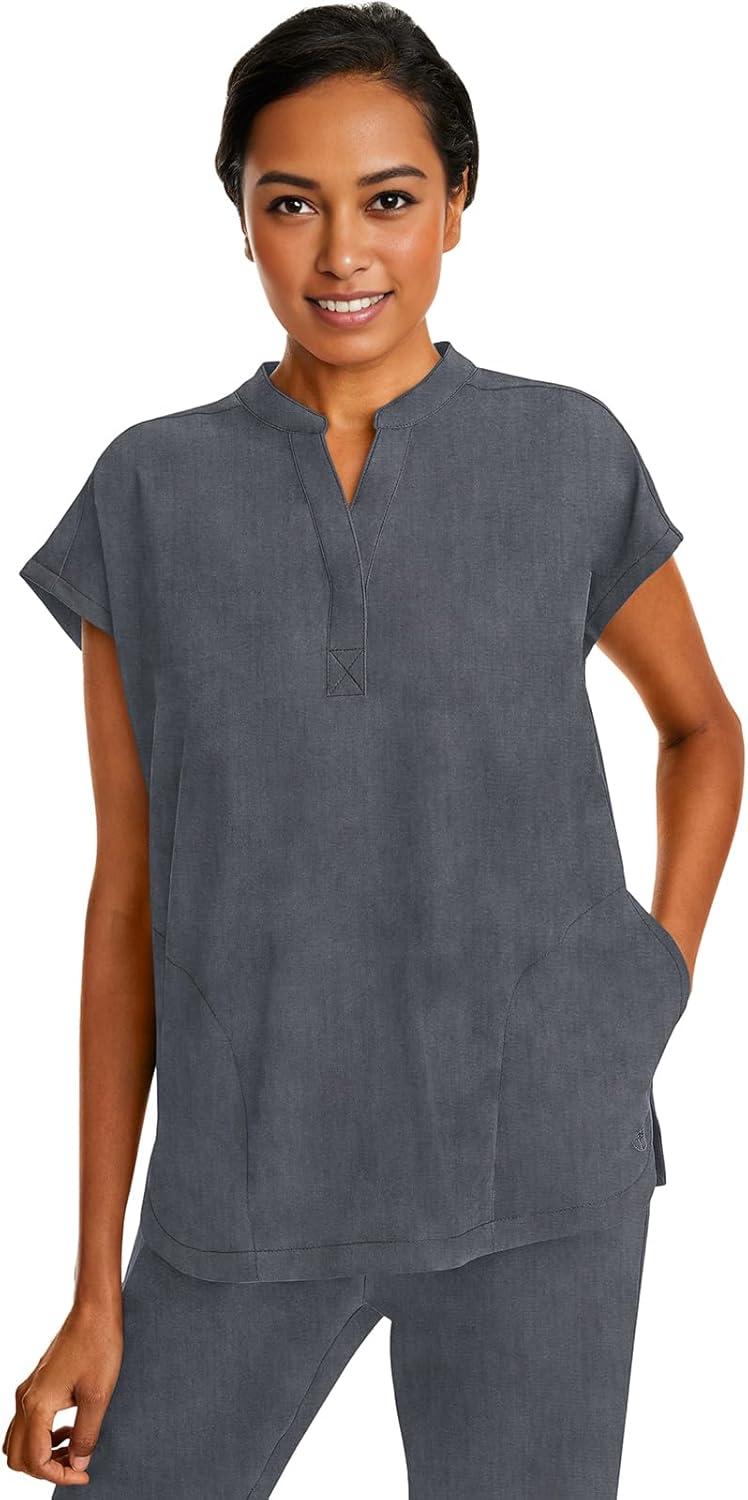 imageHealing Hands Womens Scrub Top Relaxed Fit Journey Top 2 Pockets with Knit Details Dolman Sleeve and Rounded Hem 2152Heather Grey