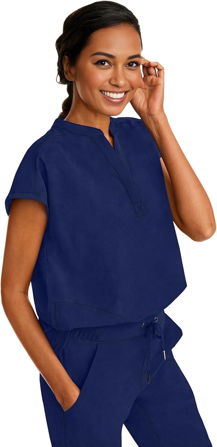 imageHealing Hands Womens Scrub Top Relaxed Fit Journey Top 2 Pockets with Knit Details Dolman Sleeve and Rounded Hem 2152Navy