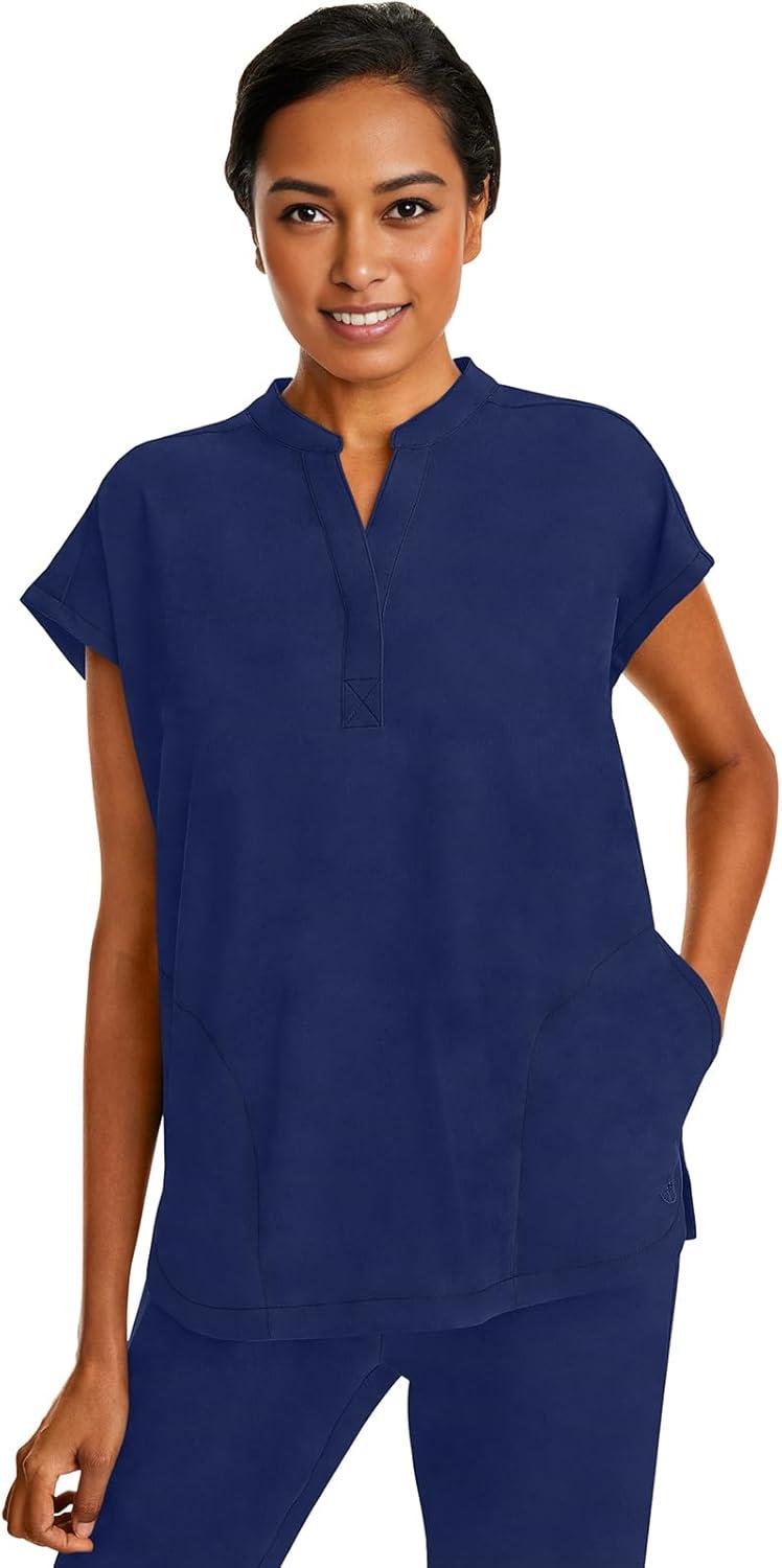 imageHealing Hands Womens Scrub Top Relaxed Fit Journey Top 2 Pockets with Knit Details Dolman Sleeve and Rounded Hem 2152Navy