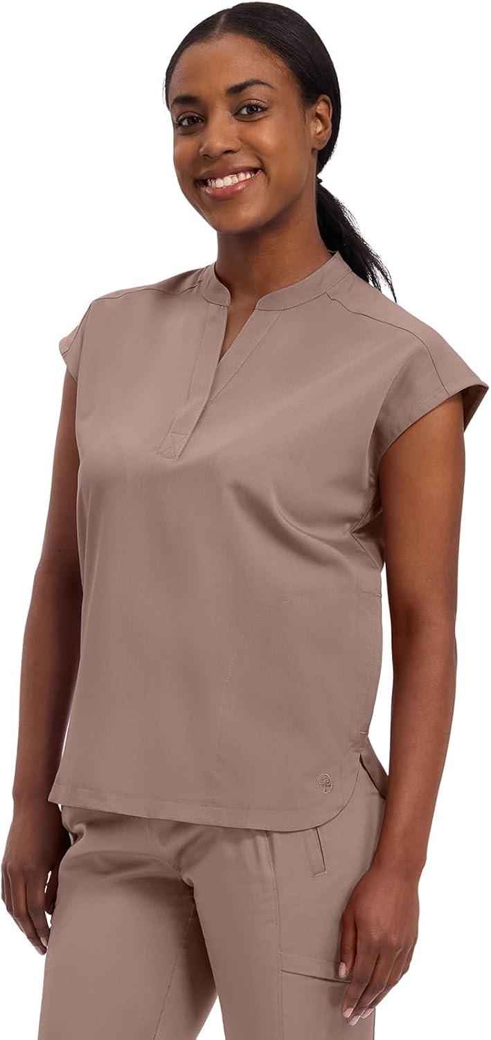 imageHealing Hands Womens Scrub Top Relaxed Fit Journey Top 2 Pockets with Knit Details Dolman Sleeve and Rounded Hem 2152Santa Fe Tan