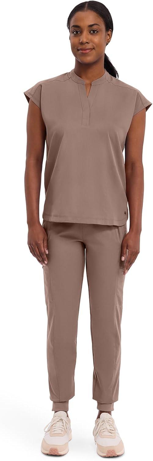 imageHealing Hands Womens Scrub Top Relaxed Fit Journey Top 2 Pockets with Knit Details Dolman Sleeve and Rounded Hem 2152Santa Fe Tan