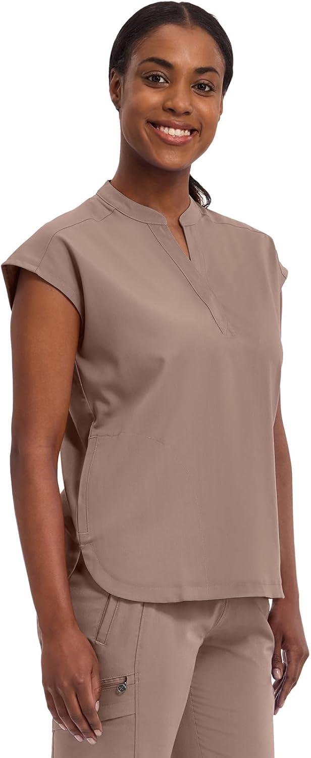 imageHealing Hands Womens Scrub Top Relaxed Fit Journey Top 2 Pockets with Knit Details Dolman Sleeve and Rounded Hem 2152Santa Fe Tan