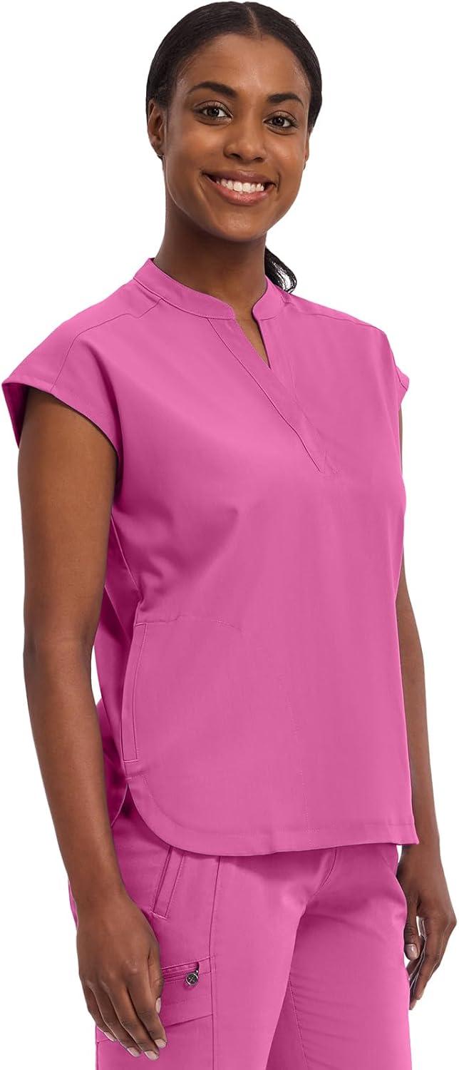 imageHealing Hands Womens Scrub Top Relaxed Fit Journey Top 2 Pockets with Knit Details Dolman Sleeve and Rounded Hem 2152Shocking Pink