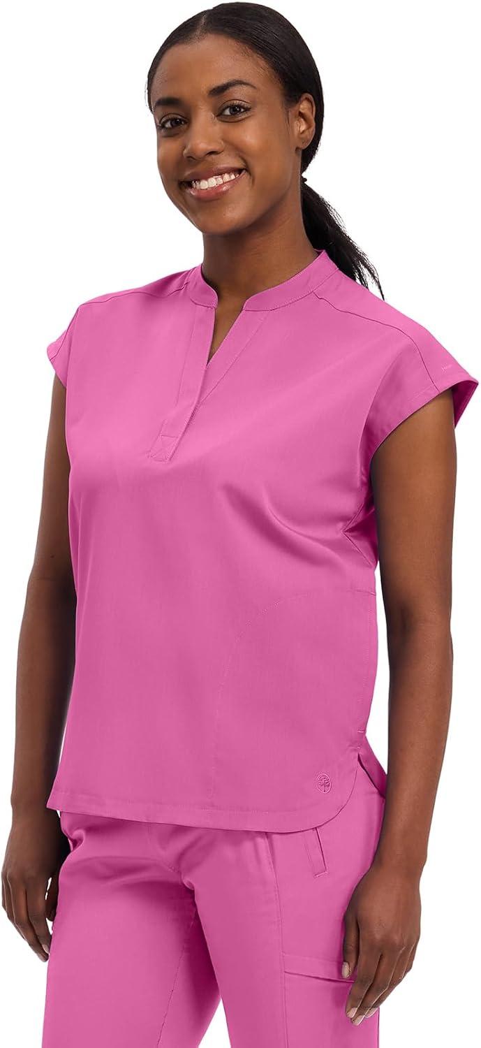 imageHealing Hands Womens Scrub Top Relaxed Fit Journey Top 2 Pockets with Knit Details Dolman Sleeve and Rounded Hem 2152Shocking Pink
