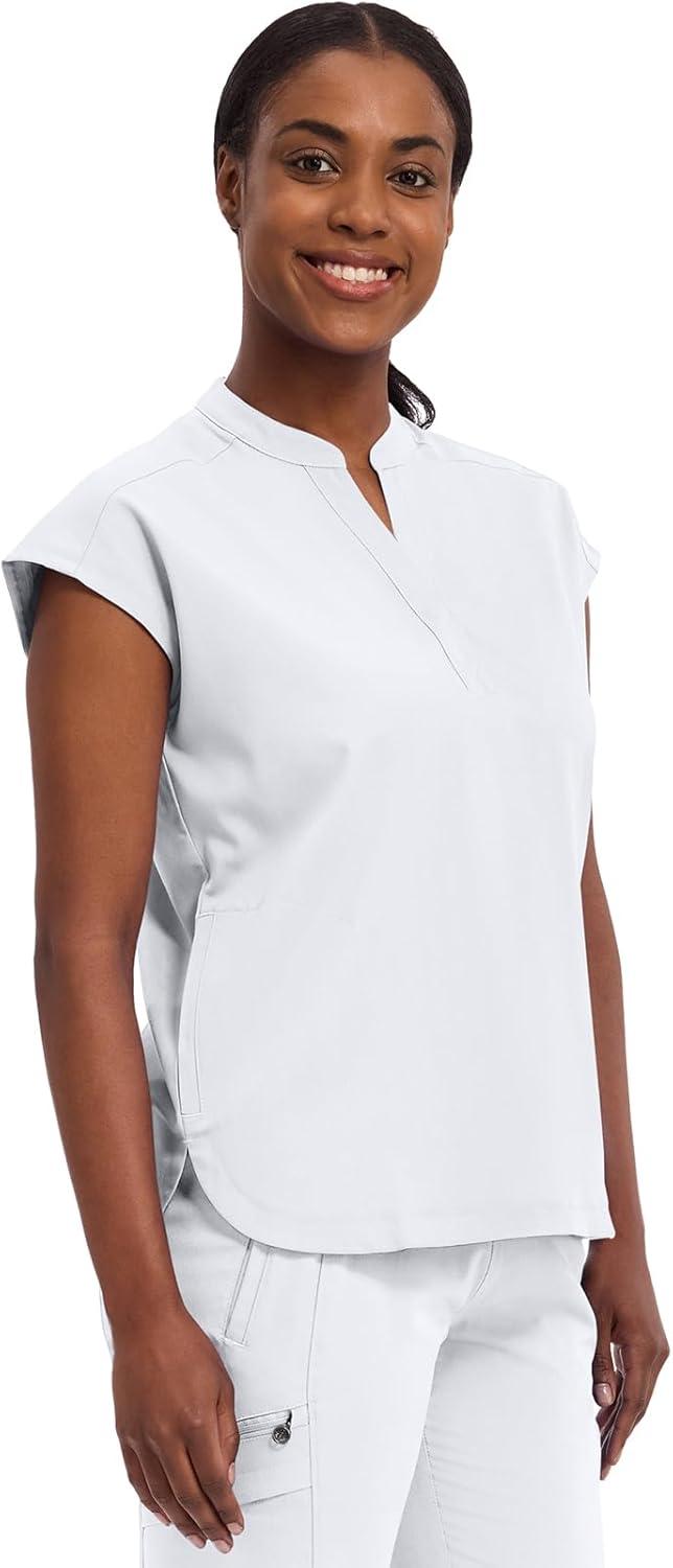 imageHealing Hands Womens Scrub Top Relaxed Fit Journey Top 2 Pockets with Knit Details Dolman Sleeve and Rounded Hem 2152White