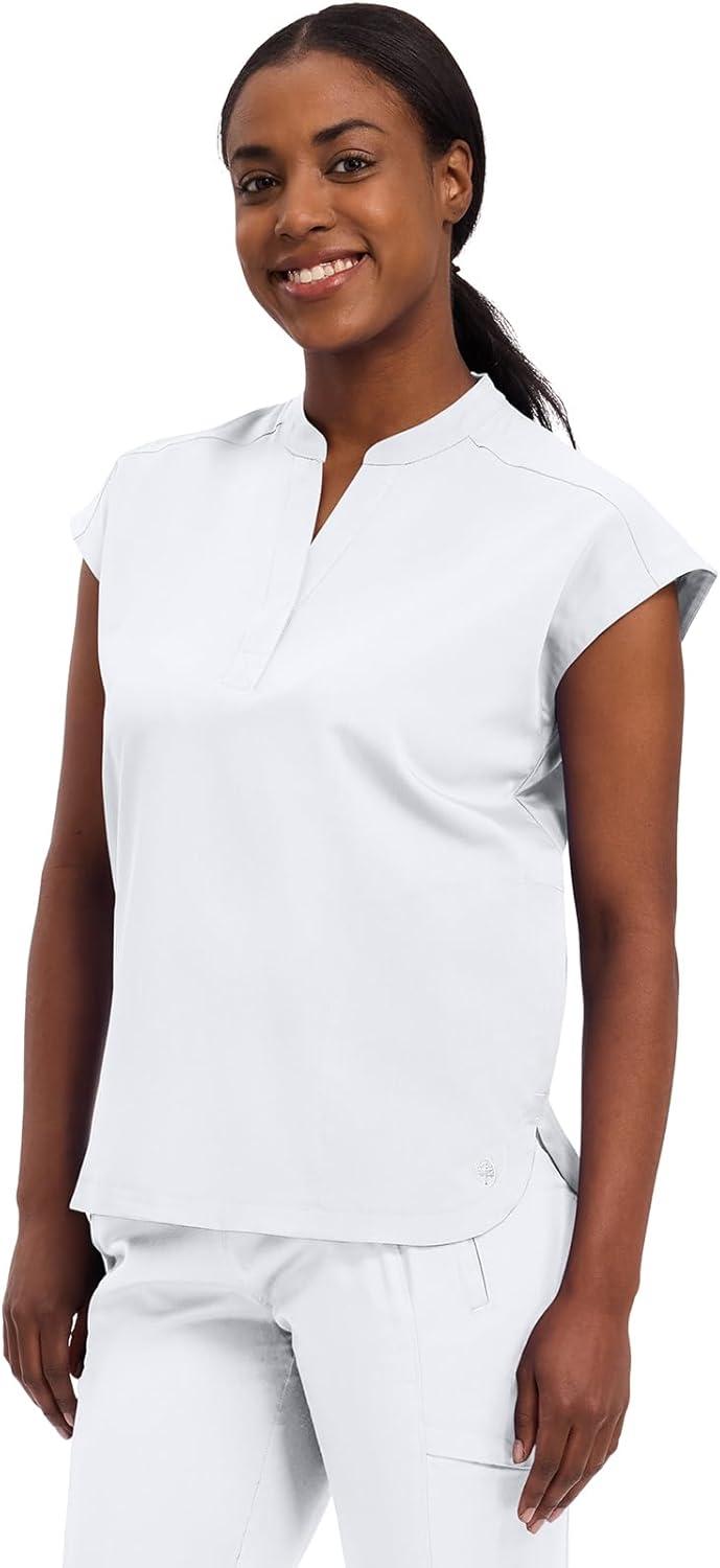imageHealing Hands Womens Scrub Top Relaxed Fit Journey Top 2 Pockets with Knit Details Dolman Sleeve and Rounded Hem 2152White