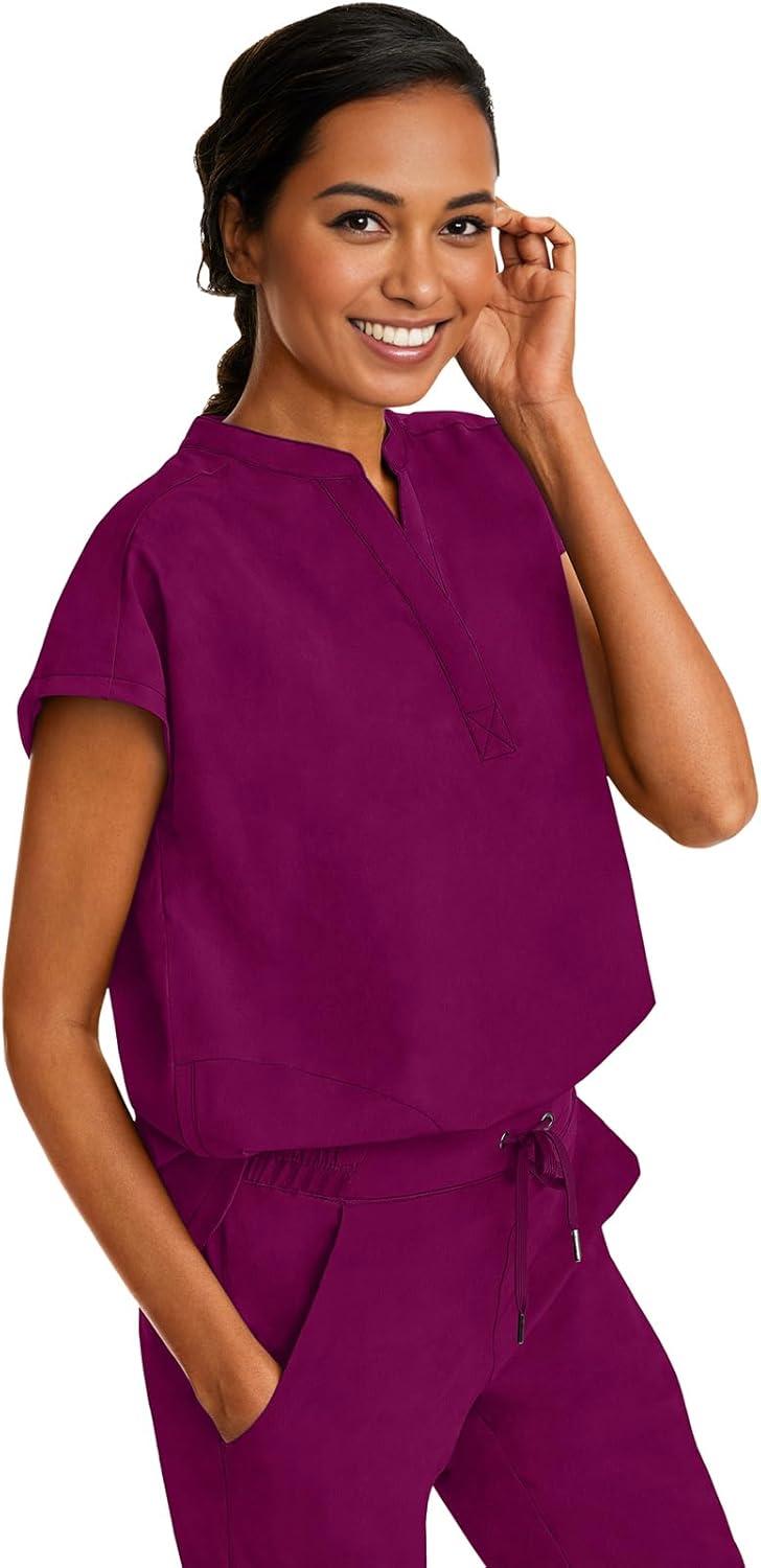 imageHealing Hands Womens Scrub Top Relaxed Fit Journey Top 2 Pockets with Knit Details Dolman Sleeve and Rounded Hem 2152Wine