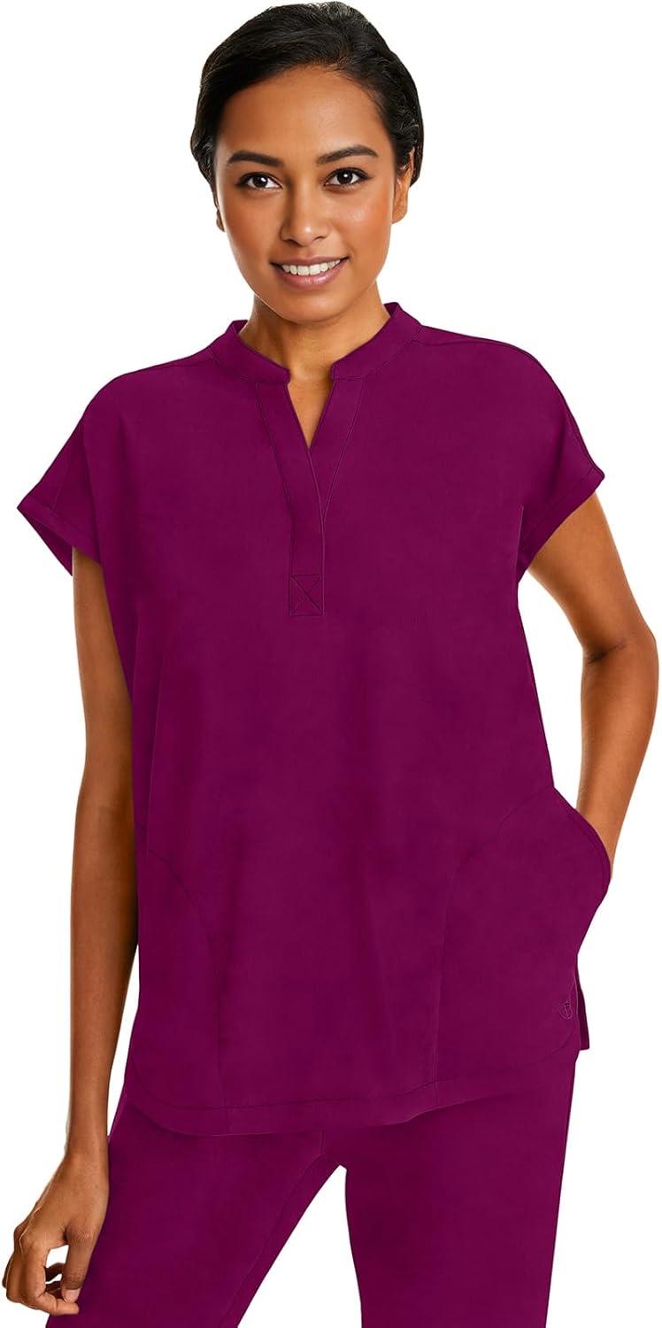 imageHealing Hands Womens Scrub Top Relaxed Fit Journey Top 2 Pockets with Knit Details Dolman Sleeve and Rounded Hem 2152Wine