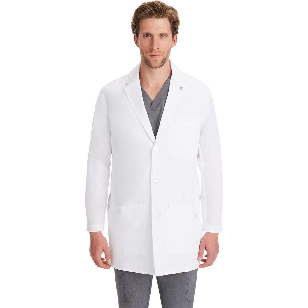 imageHealing Hands Logan Mens White Lab Coat with 5 Pockets Knit Details amp Side Slits Back length 34 360 Stretch 5100White