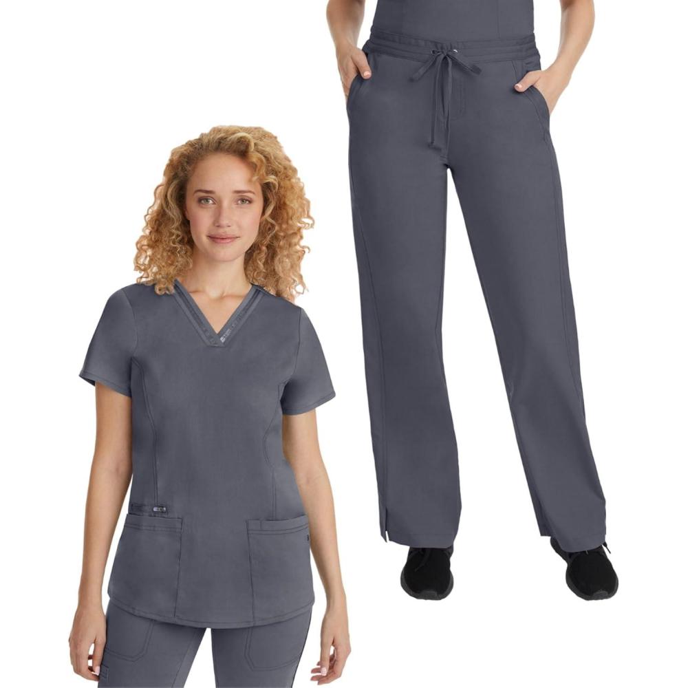 imageHealing Hands Scrub Set For Women with 5 Pockets VNeck Scrub Top 2278 and Taylor Pants 9095 with 2Way Stretch TechnologyPewter