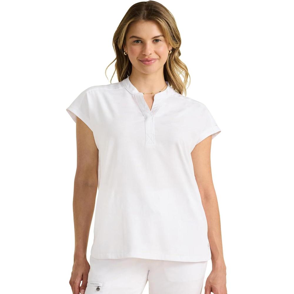 imageHealing Hands Scrub Top for Women Modern Fit Tee with 2 Pockets Moisture Wicking 360 Stretch and Quick Dry Fabric 2352White