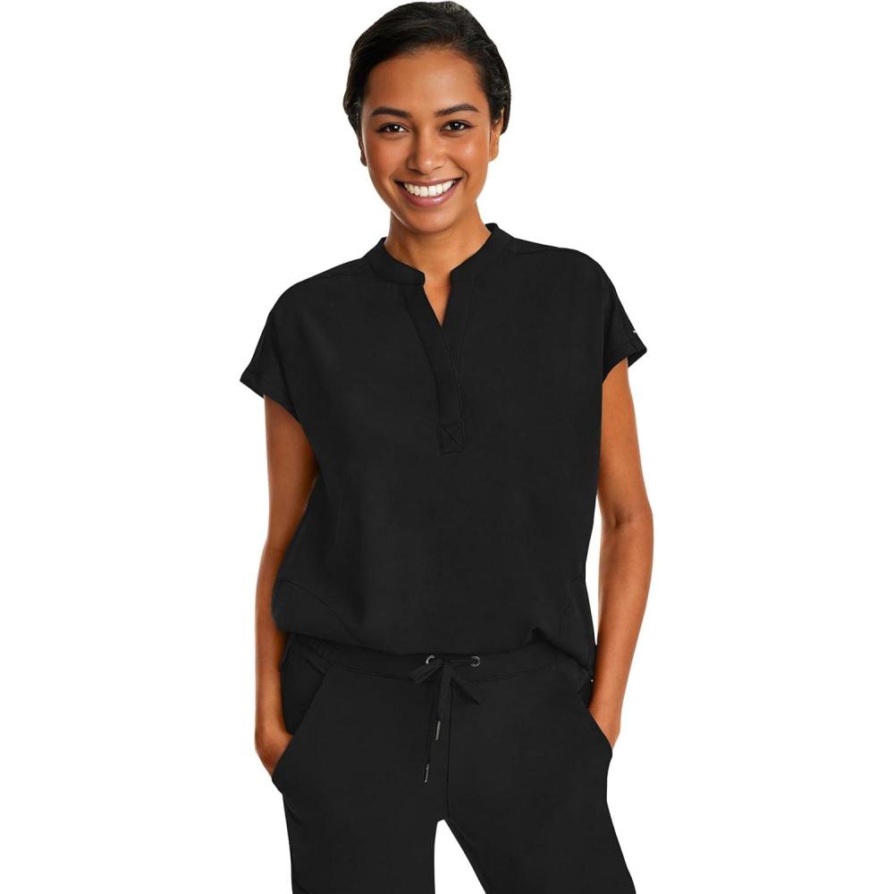 imageHealing Hands Womens Scrub Top Relaxed Fit Journey Top 2 Pockets with Knit Details Dolman Sleeve and Rounded Hem 2152Black