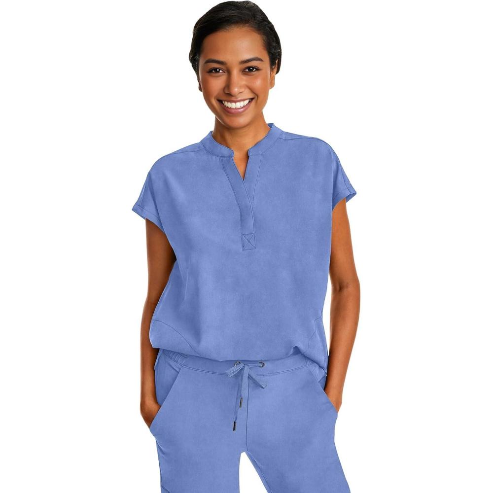 imageHealing Hands Womens Scrub Top Relaxed Fit Journey Top 2 Pockets with Knit Details Dolman Sleeve and Rounded Hem 2152Ceil
