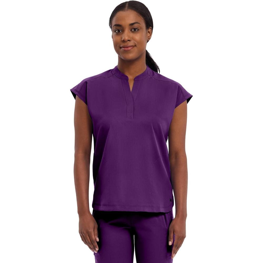imageHealing Hands Womens Scrub Top Relaxed Fit Journey Top 2 Pockets with Knit Details Dolman Sleeve and Rounded Hem 2152Eggplant