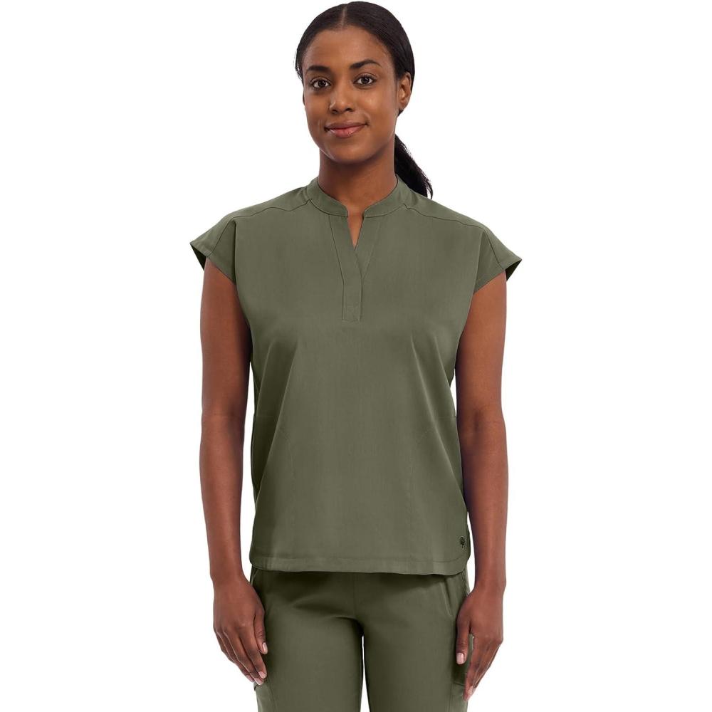 imageHealing Hands Womens Scrub Top Relaxed Fit Journey Top 2 Pockets with Knit Details Dolman Sleeve and Rounded Hem 2152Olive