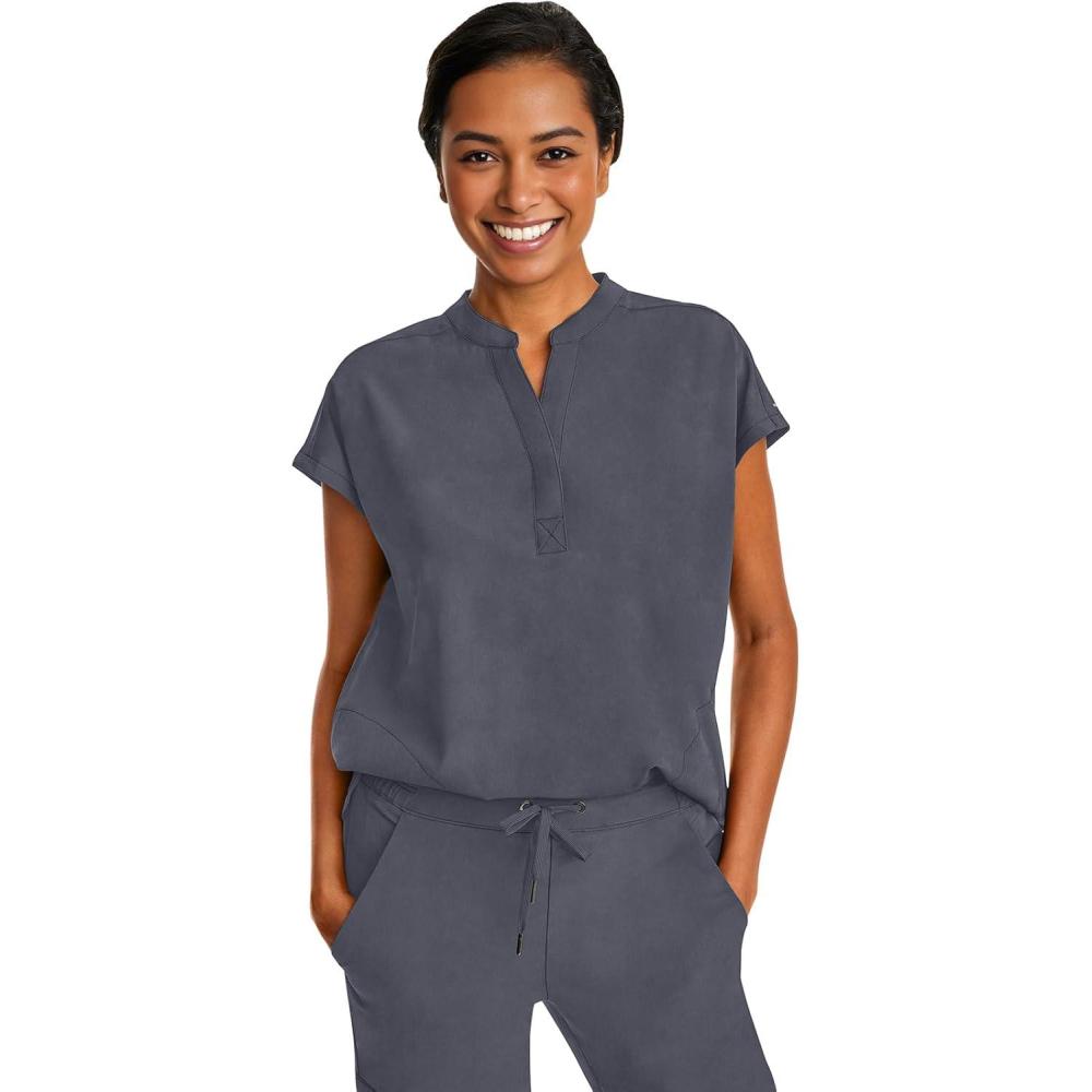 imageHealing Hands Womens Scrub Top Relaxed Fit Journey Top 2 Pockets with Knit Details Dolman Sleeve and Rounded Hem 2152Pewter