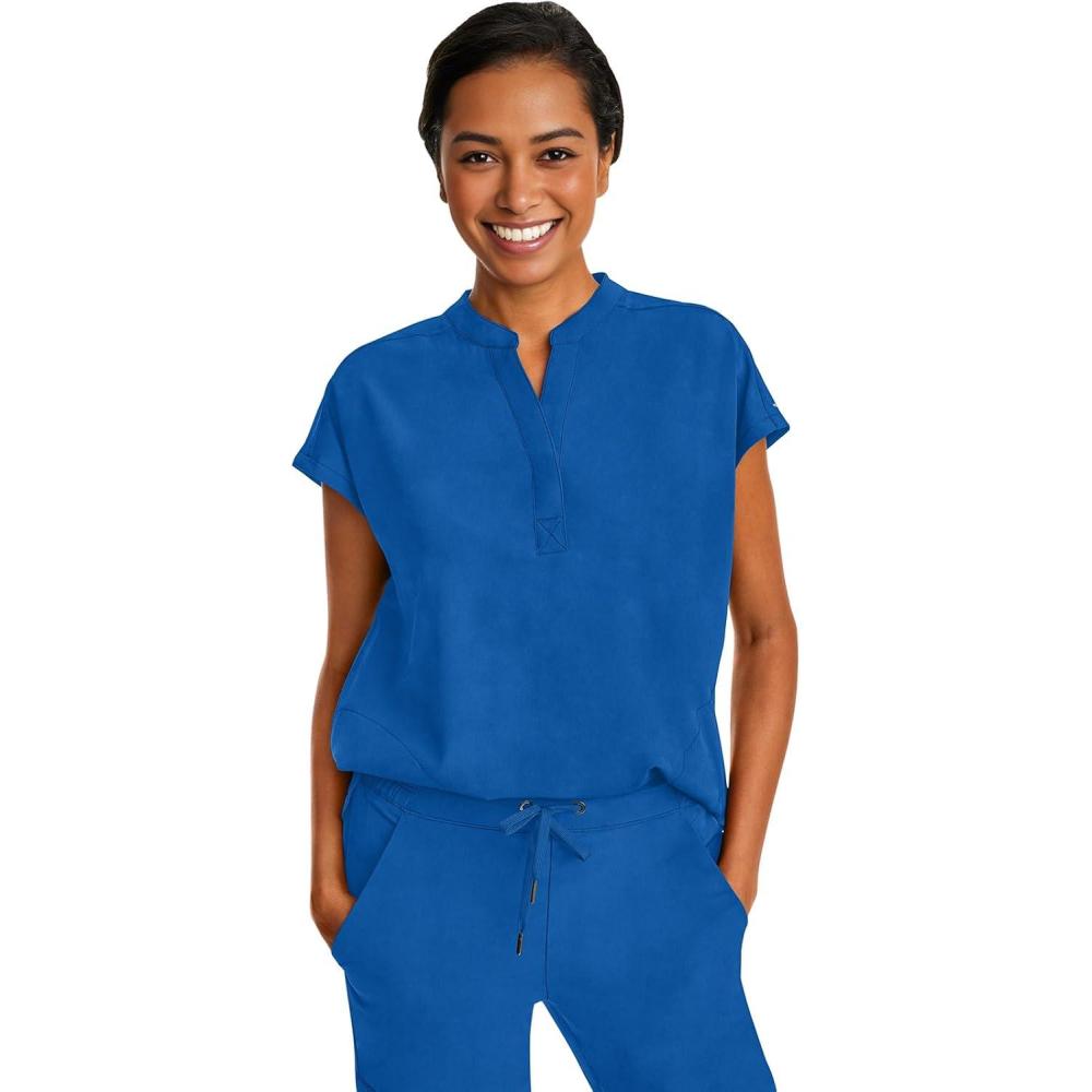 imageHealing Hands Womens Scrub Top Relaxed Fit Journey Top 2 Pockets with Knit Details Dolman Sleeve and Rounded Hem 2152Royal