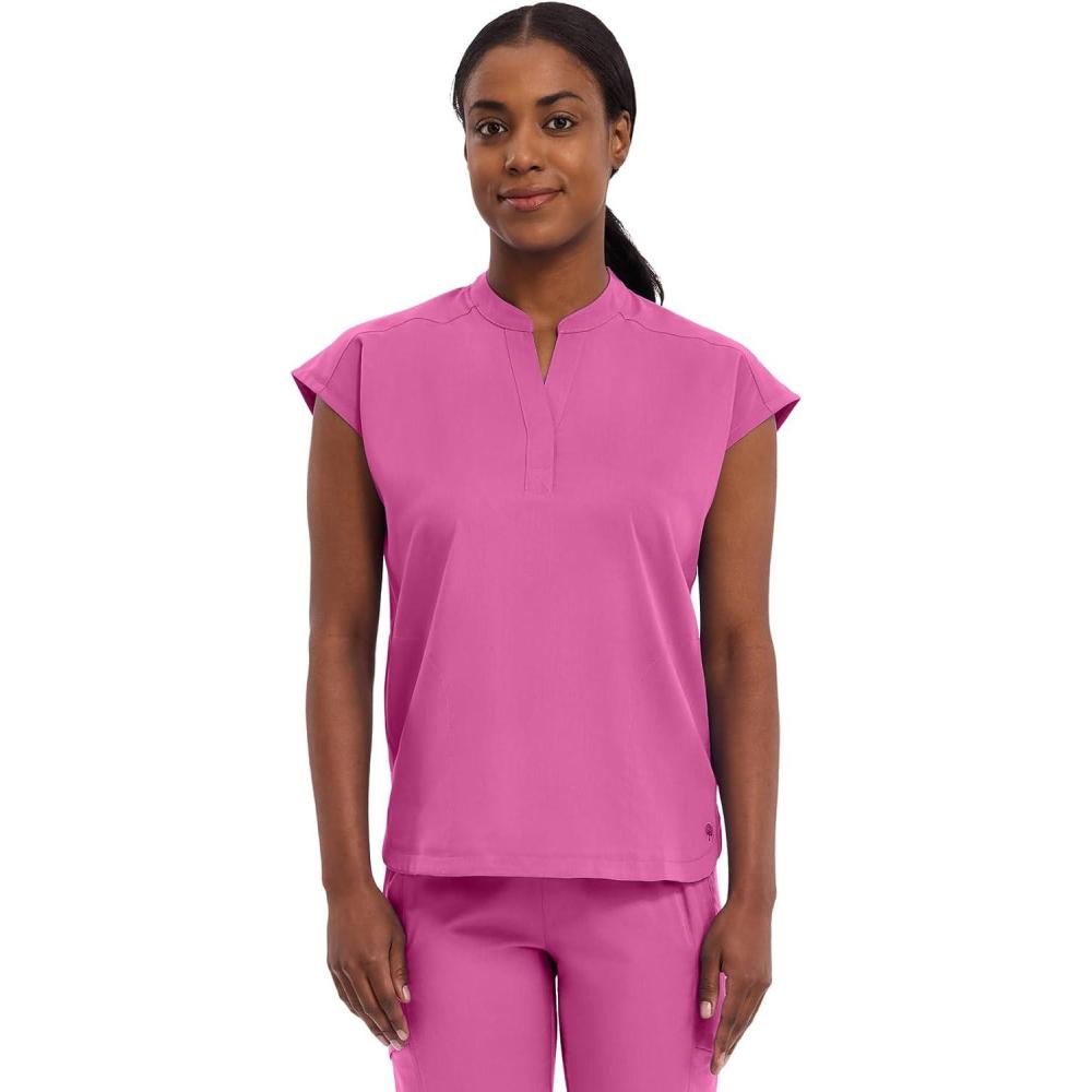 imageHealing Hands Womens Scrub Top Relaxed Fit Journey Top 2 Pockets with Knit Details Dolman Sleeve and Rounded Hem 2152Shocking Pink