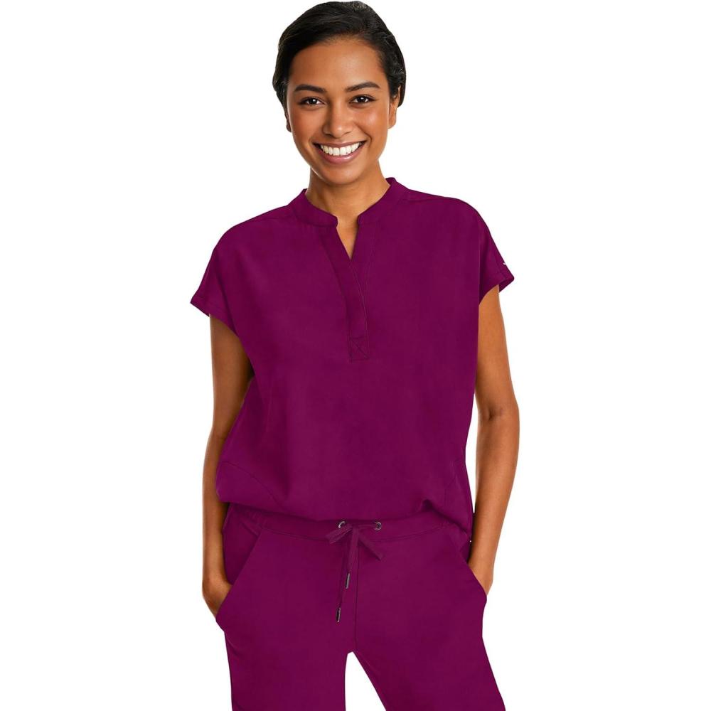 imageHealing Hands Womens Scrub Top Relaxed Fit Journey Top 2 Pockets with Knit Details Dolman Sleeve and Rounded Hem 2152Wine