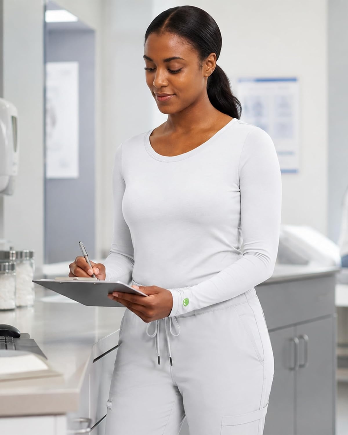 image:imageHealing Hands Underscrub Long Sleeve Women Knits Scrub Tops Soft Cotton Blend Knit Breathable Stretch Comfort Machine Wash Easy Care Fabric Ideal For Layering Under ScrubsWhite
